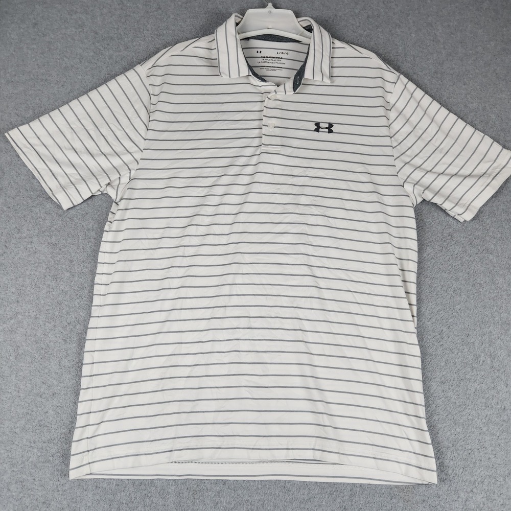 Under Armour The Playoff Polo Shirt Mens L White Gray Striped Loose Performance
